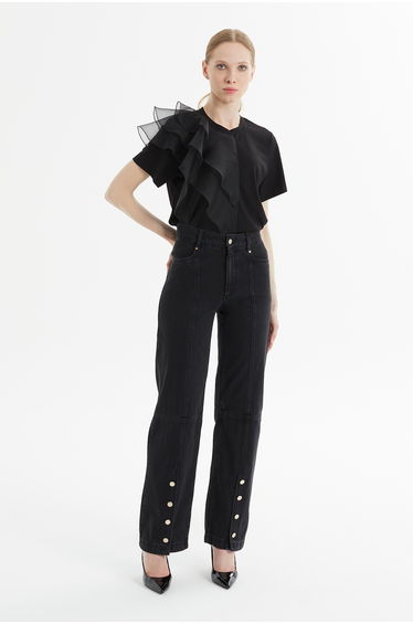 Straight-Leg Gold Button Hem Detail Black Denim Pants