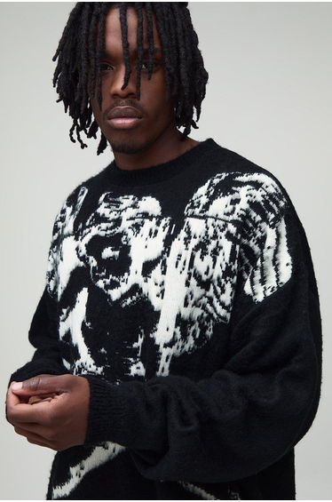 Plus Oversized Brushed Renaissance Jacquard Jumper - black