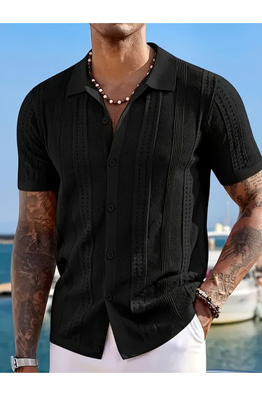 Men Textured Knit Shirt with Spread Collar