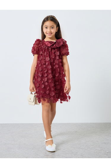Girls Red Flower Detail A-Line Mini Dress