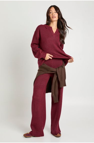 Tall Super Soft V Neck Collared Knitted Jumper and Straight Leg Trouser Co-Ord - burgundy