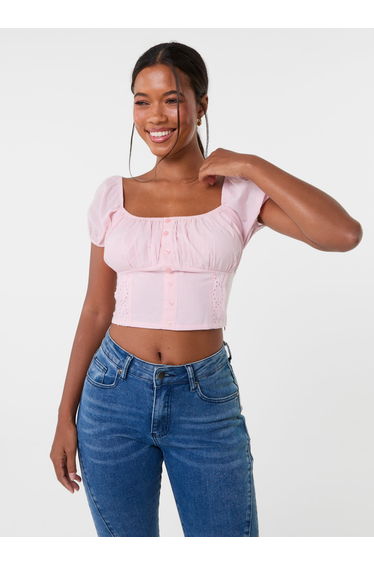 Puff Sleeve Broderie Detail Top