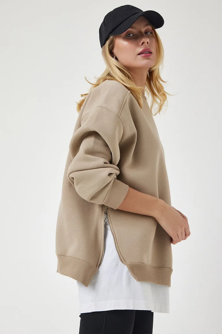 Women's Mink Zipper Detail Raised Knitted Sweatshirt - 3