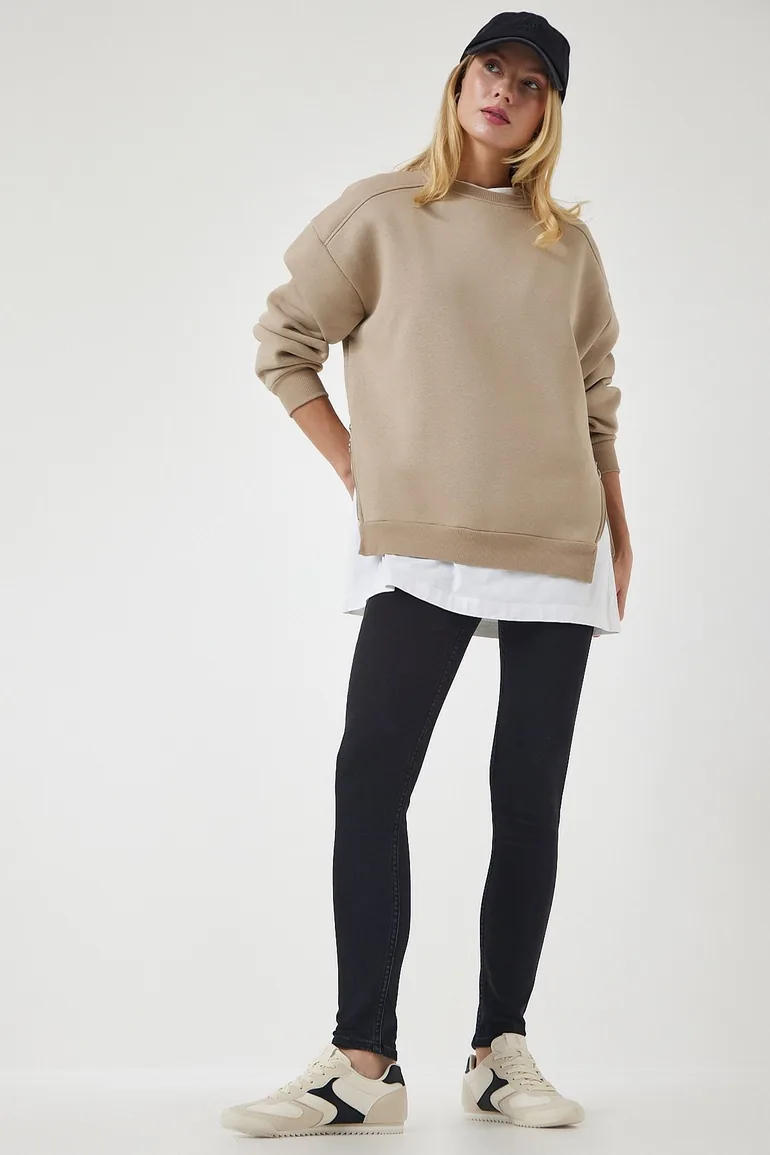 Women's Mink Zipper Detail Raised Knitted Sweatshirt