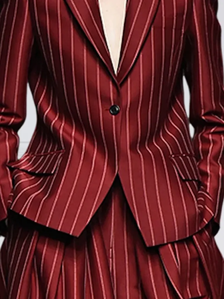 Long Sleeves Loose Striped Notched Collar Blazer Outerwear - 2