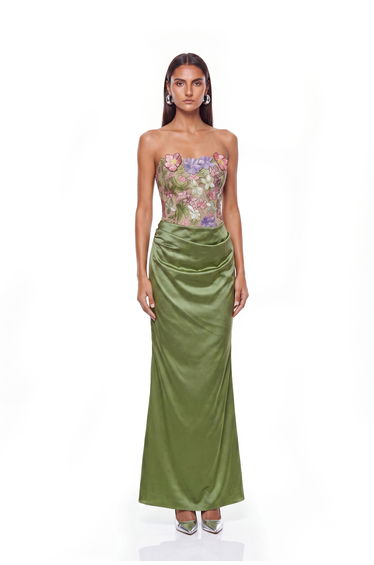 Denica Strapless Floral Satin Maxi Dress