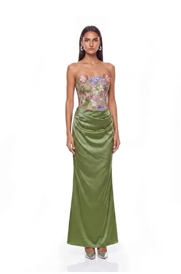 Denica Strapless Floral Satin Maxi Dress