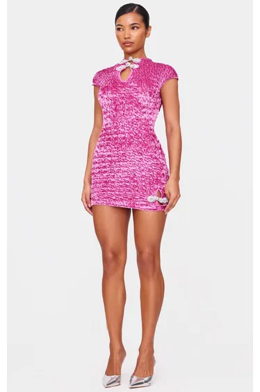 Pink Textured Satin Bow Detail Mini Dress