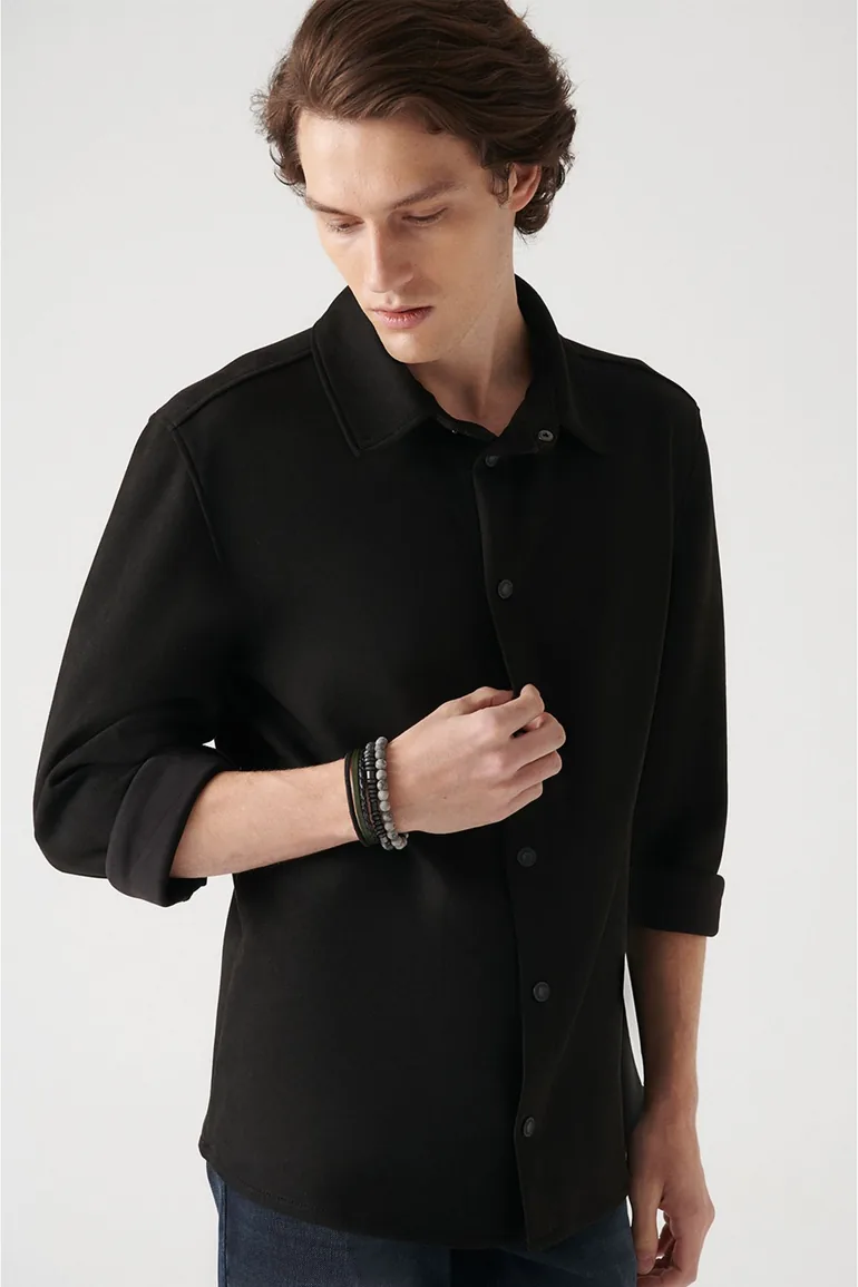 Men's Black Faux Suede Snap-On Comfort Fit Relaxed Cut Shirt - 1