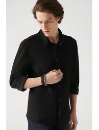 Men's Black Faux Suede Snap-On Comfort Fit Relaxed Cut Shirt - 1