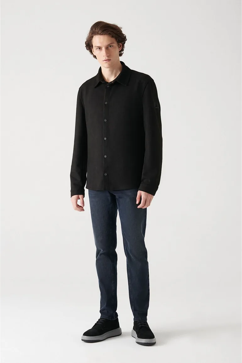 Men's Black Faux Suede Snap-On Comfort Fit Relaxed Cut Shirt