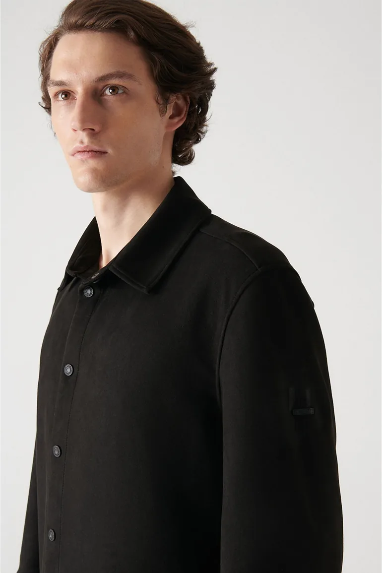 Men's Black Faux Suede Snap-On Comfort Fit Relaxed Cut Shirt - 3