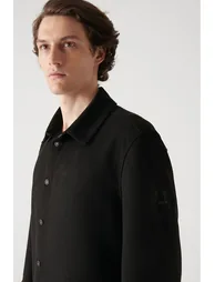 Men's Black Faux Suede Snap-On Comfort Fit Relaxed Cut Shirt - 3