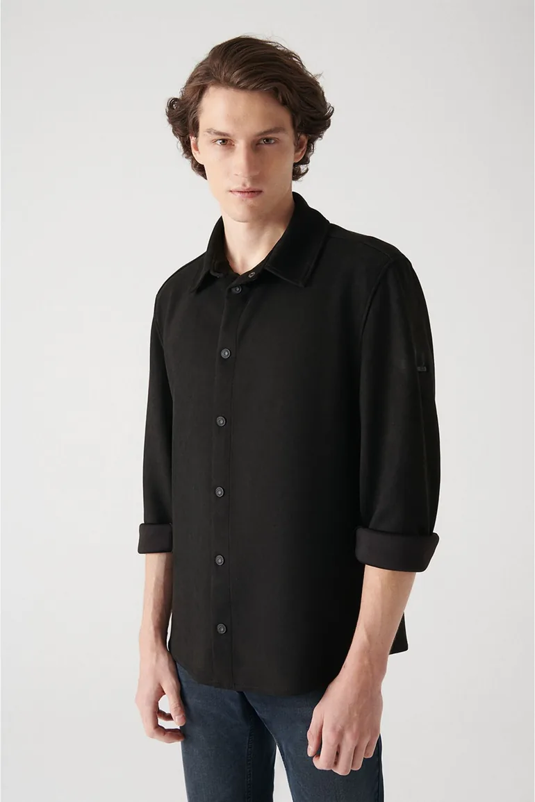 Men's Black Faux Suede Snap-On Comfort Fit Relaxed Cut Shirt - 2