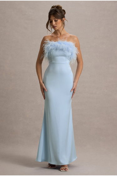 Dress For It | Powder Blue Satin Feather Trim Dress