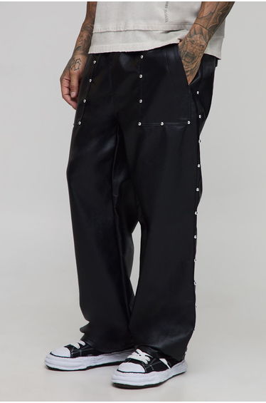 Tall Studded Leather Look Drawcord Relaxed Carpenter Trousers - black