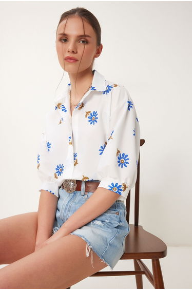 Women's White Blue Balloon Sleeve Patterned Woven Shirt