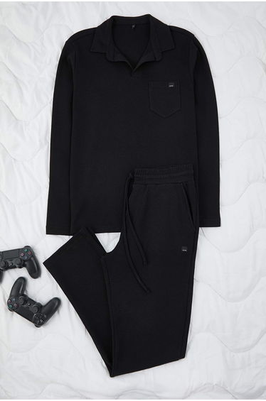Black Regular Cut Polo Neck Label Detail Textured Pajama Set
