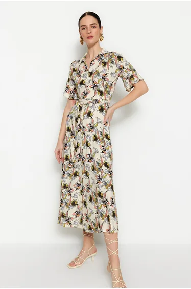 Cream Belted Maxi Woven Viscose Floral Shirt Woven Dress