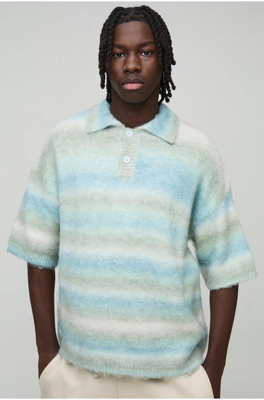 Oversized Brushed Stripe Short Sleeve Knitted Polo - green