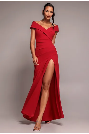 Goddiva Scuba Crepe Off Shoulder Front Split Maxi Dress - Red