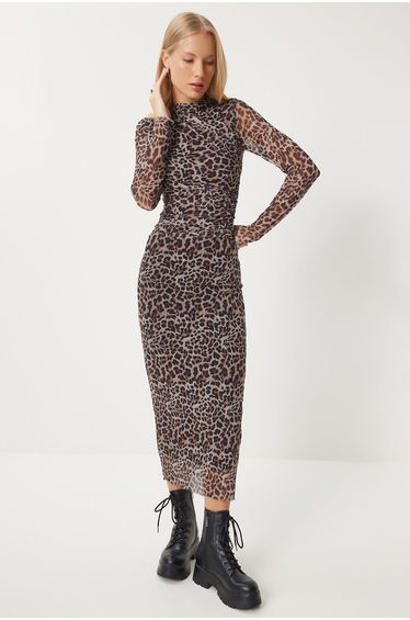 Women's Black Gray Leopard Patterned Pleated Wrap Tulle Dress