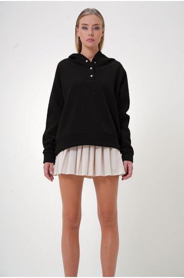 Women's Black Hooded Snap Closure 3 Thread Raster Oversize Sweatshirt