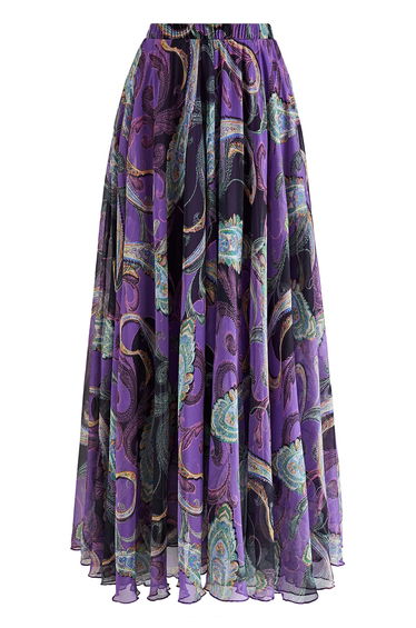 Exotic Paisley Chiffon Maxi Skirt in Purple