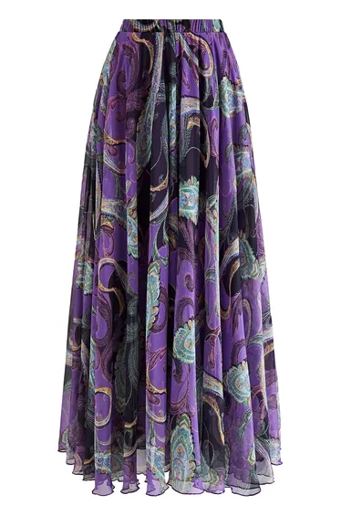 Exotic Paisley Chiffon Maxi Skirt in Purple