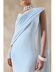 فستان ماكسي بياقة غير متناظرة بثنيات - أزرق - 2