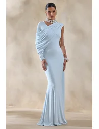 فستان ماكسي بياقة غير متناظرة بثنيات - أزرق - 3