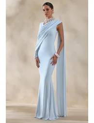 فستان ماكسي بياقة غير متناظرة بثنيات - أزرق - 4