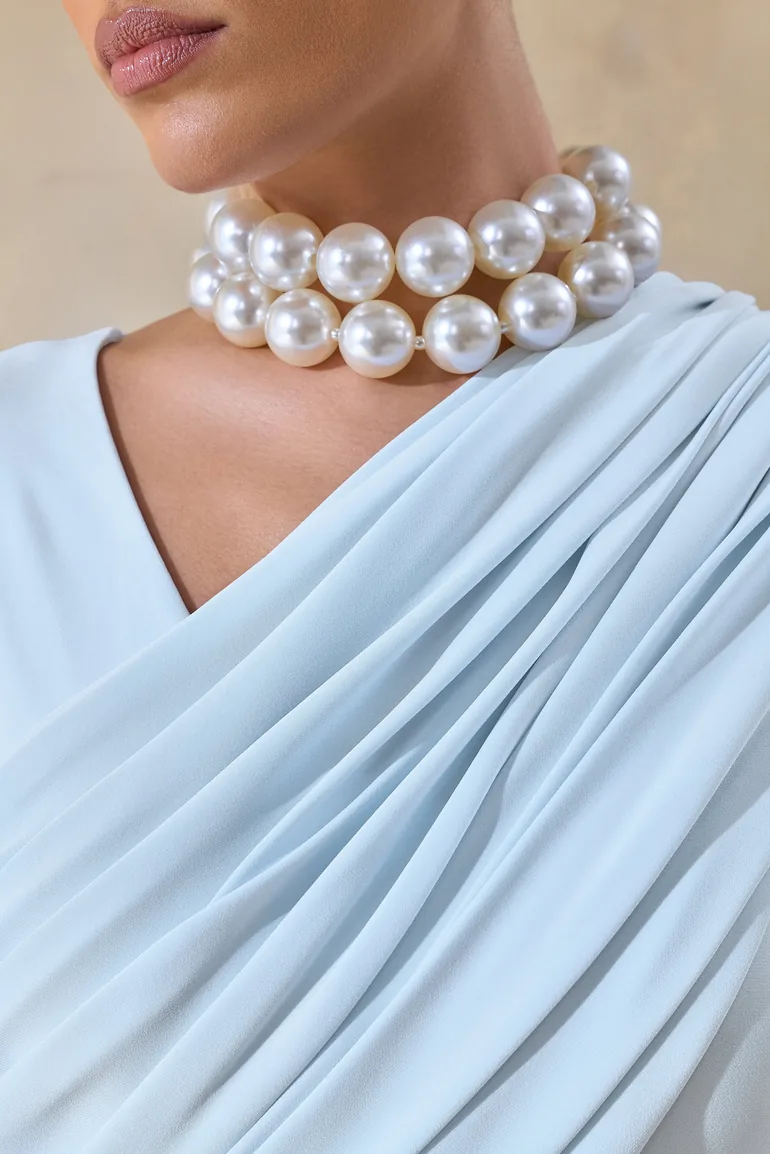 فستان ماكسي بياقة غير متناظرة بثنيات - أزرق - 5