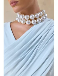 فستان ماكسي بياقة غير متناظرة بثنيات - أزرق - 5