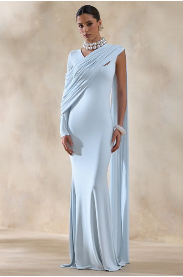 Rubelle | Powder Blue Asymmetric-Neck Maxi Dress With Draped-Detailing
