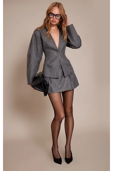 Grey Cinched Waist Cocoon Sleeve Blazer