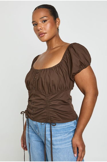 Plus Button Down Puff Sleeve Top - chocolate
