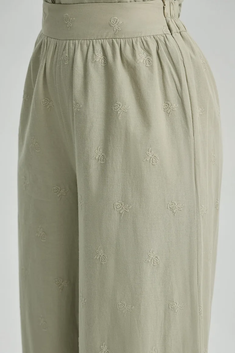 Embroidered Wide Leg Elastic Pants - 2