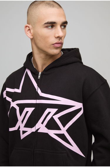 Oversized Boxy Star Printed Zip Through Hoodie - black