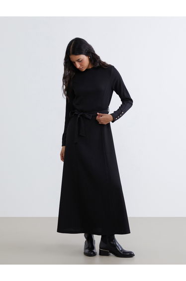 Crew Neck Textured Belted Dress