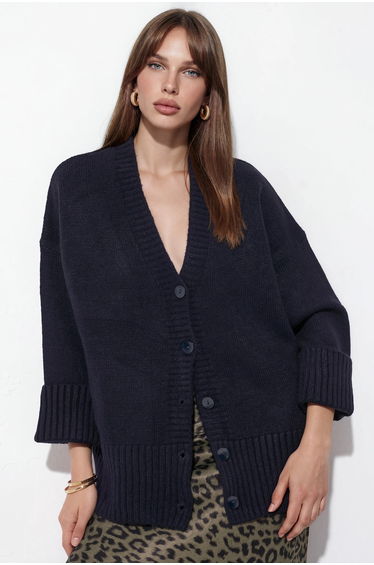 VIORNA Ribbed V-Neck Button Cardigan