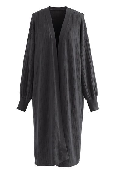 Rib Knitted Open Front Longline Knit Cardigan in Grey