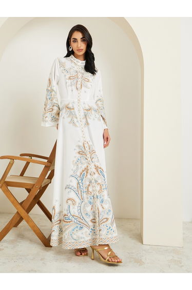 Women Placement Print Jalabiya with Pearl Embellishment