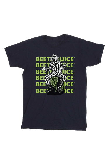 Beetlejuice Boys Pose Cotton Repeat Logo T-Shirt - Navy Blue