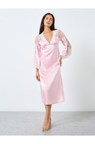 Contrast Lace Insert V Neck Satin Nightdress