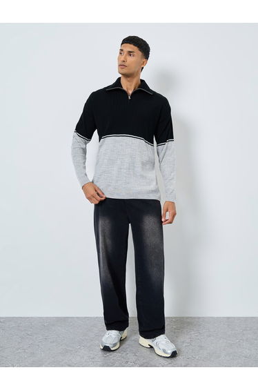 Men Black Ribbed Half-Zip Sweater