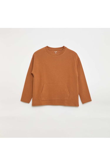 T-shirt with Ottoman Knit Kangaroo Pocket BROWN