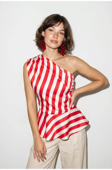 LUCCI Striped Satin Sleeveless Blouse With Asymmetrical Collar