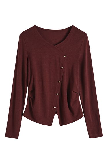 Golden Buttons Decor Asymmetric Top in Burgundy for Dinner Dates & Office Days