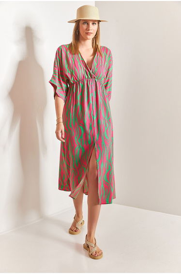 LUCCI Printed V-Neck Midi Dress with Slit